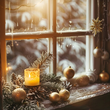 Cozy Christmas Candle by Snowy Window &ndash; Warm Winter Holiday Home Scene with Festive Decor