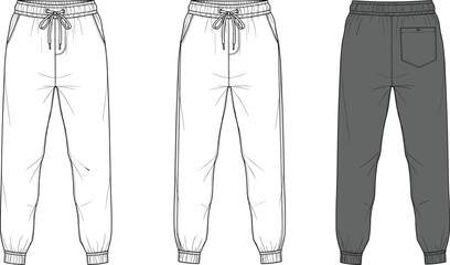 Technical fashion sketch of jogger pants front and back view with drawstring waist, pockets, gathered cuffs, vector illustration © Arif Creatives