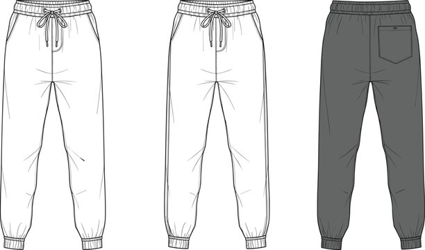 Technical fashion sketch of jogger pants front and back view with drawstring waist, pockets, gathered cuffs, vector illustration
