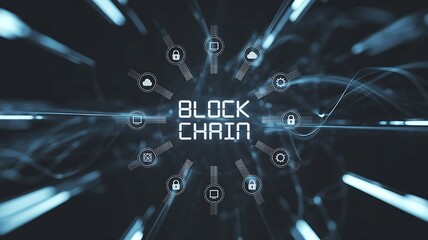 Blockchain technology concept with glowing digital icons on dark background