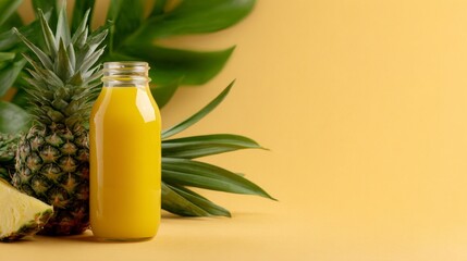 Fresh Pineapple Juice with Sliced Pineapple on Yellow Background, vibrant tropical beverage, healthy lifestyle choice, embodies summer vibes, clean minimalist aesthetic, bright and inviting atmosphere