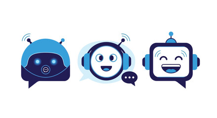 Obraz premium A collection of three cartoon robot faces with headphones and antennae, expressing different emotions and communication signals
