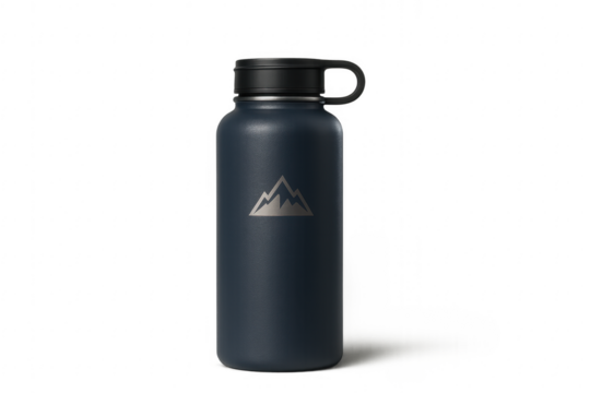 Stainless steel water bottle with mountain logo on transparent background