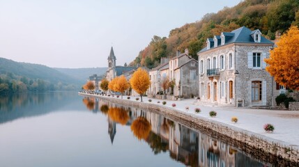 Picturesque Lakeside European Town with Autumn Foliage and Stone Architecture Reflecting in Calm Water Under Soft Daylight