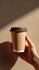 Hand Holding Brown Coffee Cup Against Textured Wall Background