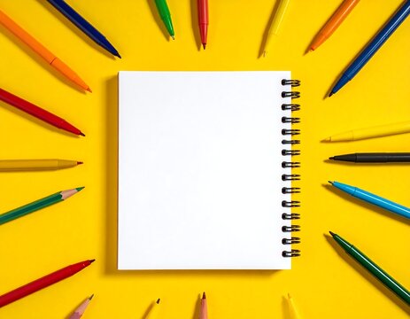 Blank notebook ring-bound, surrounded by various colored pens and pencils