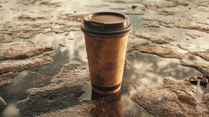 Warm Coffee Cup on Wet Surface with Natural Reflections in Background