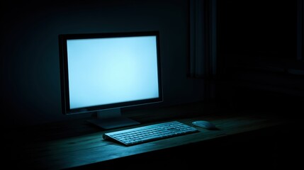 Dimly Lit Workspace with Blank Computer Monitor and Keyboard