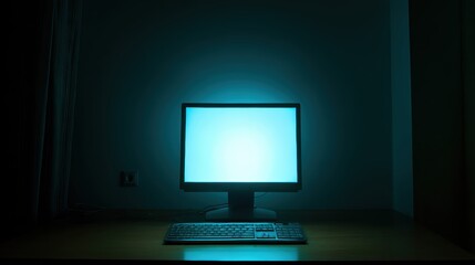 Empty Desk with Computer Screen Glowing in Dark Room at Night