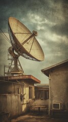 Satellite dish on rooftop under dramatic sky with vintage effect
