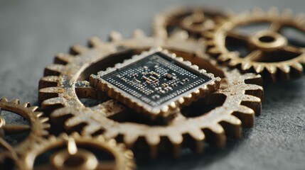 Vintage Gears and Microchip Detail in Steampunk Inspired Design