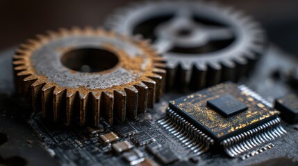 Close-Up of Rusty Gears and Circuit Board in Industrial Setting
