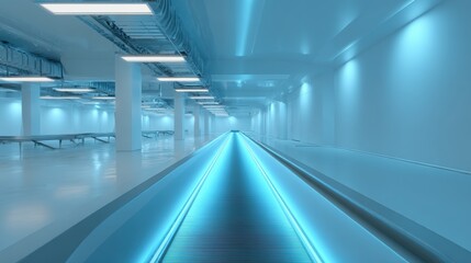 Futuristic Industrial Space with Blue Neon Lighting and Minimalist Design
