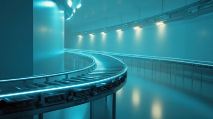 Futuristic Conveyor Belt in a Dimly Lit Industrial Environment