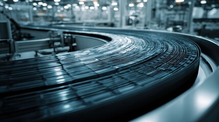 Industrial Conveyor Belt with Glossy Black Surface in Warehouse Environment