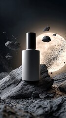 Minimalist Bottle on Rocks with Dramatic Moonlit Background