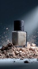 Stylish Cosmetic Bottle Surrounded by Colorful Powder Explosions