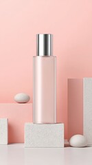 Elegant Clear Cosmetic Bottle on Display with Soft Pink Background