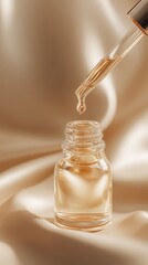 Close-Up of Clear Serum Bottle with Dropper over Satin Fabric