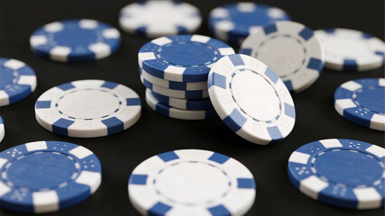 Blue and white poker chips on black surface