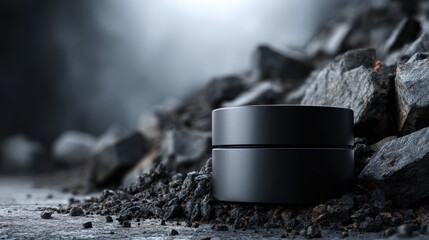 Black Cosmetic Jar on Dark Stone Background with Dramatic Lighting
