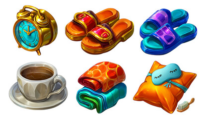 Colorful Lifestyle Elements Including Clock, Slippers, Coffee, and Cushion on Isolated Background