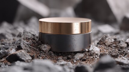 Elegant Cosmetic Jar on Rocky Surface with Soft Focus Background