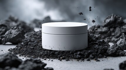 White Cosmetic Jar Surrounded by Dark Clay and Dramatic Background