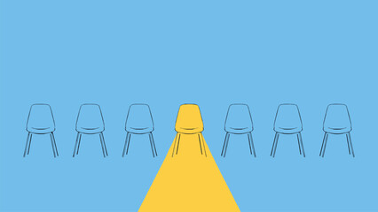 Yellow chair spotlight among blue chairs concept of leadership hiring and individuality on minimal blue background
