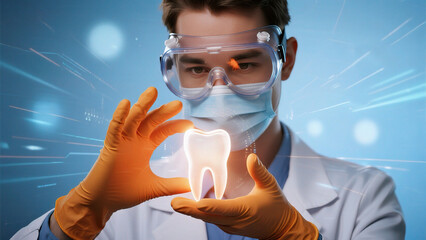 Dentist holding glowing tooth model