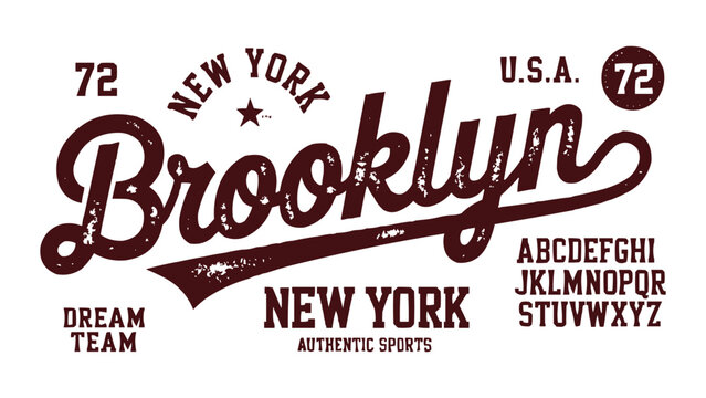 Retro Brooklyn New York sports typography with distressed lettering and classic athletic style for apparel and vintage branding