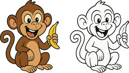 Adorable cartoon baby monkey holding a banana, isolated vector illustration and outline for coloring book.