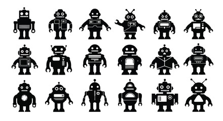 Collection of various robot icons in black and white, representing artificial intelligence and automation