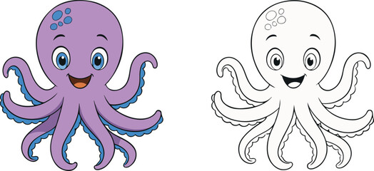 Cute cartoon purple octopus character with black and white line art coloring page outline isolated.