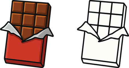Chocolate bar vector icon in red wrapper, isolated illustration with line art drawing and coloring page © Creative_Member