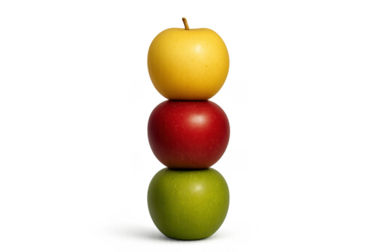 Apples stacking resembling a traffic light on transparent background