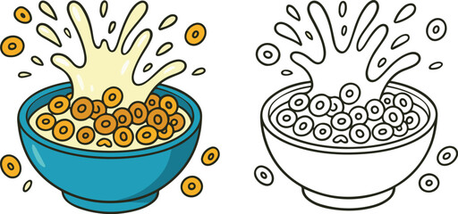 Cartoon cereal bowl with splashing milk and ring shaped breakfast on white background