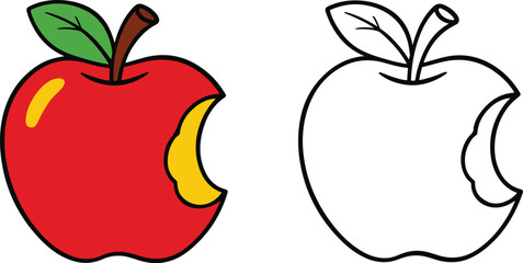 Red apple fruit with a bite mark vector illustration and black outline isolated on white