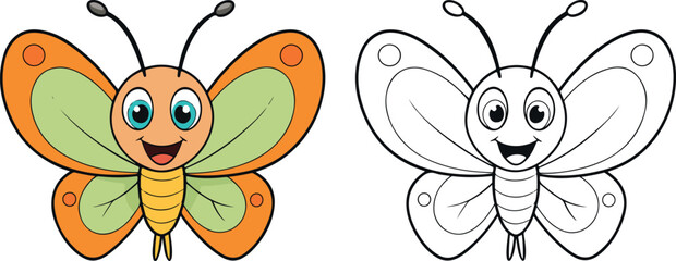 Cute cartoon butterfly character vector with color version and outline for coloring book isolated on white