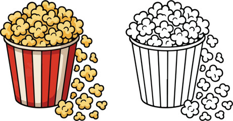 Classic striped popcorn bucket vector illustration with outline version isolated on white background.