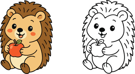 Adorable cartoon hedgehog holding a red apple with coloring book page isolated graphic