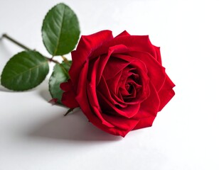 Naklejka premium Close-up of a vibrant red rose with green leaves on white background