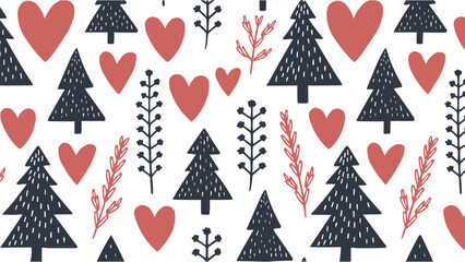 Seamless pattern with hand-drawn pine trees hearts and branches in Scandinavian folk style with modern minimalist aesthetic
