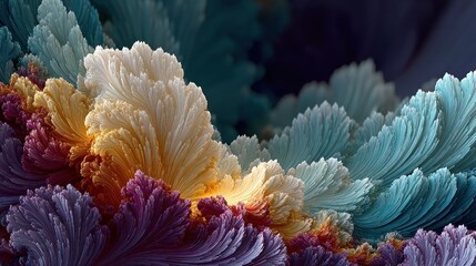 Abstract fractal art showcasing colorful, feathery structures with gradients of light and shadow