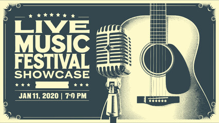 Vintage live music festival poster with retro microphone and acoustic guitar illustration in classic monochrome style
