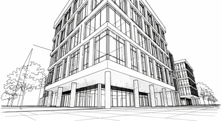 Corner office building architecture minimalist vector line art illustration.