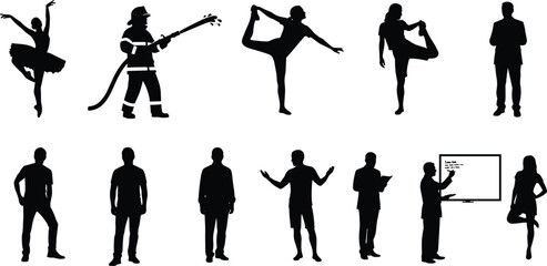 Silhouette illustration of dancer, firefighter, yoga, casual, and presenter poses representing art, emergency service, wellness, business, and education roles