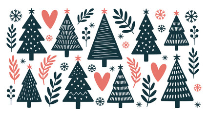 Handdrawn Christmas trees pattern with snowflakes, hearts, and botanical elements — minimal Nordic folk illustration on white