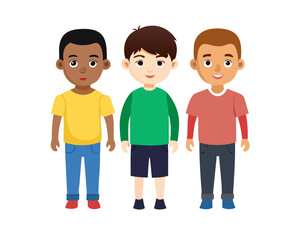 Multiethnic boy friends. Three different male kid faces. Asian, african and caucasian standing isolated vector illustration