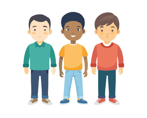 Multiethnic boy friends. Three different male kid faces. Asian, african and caucasian standing isolated vector illustration